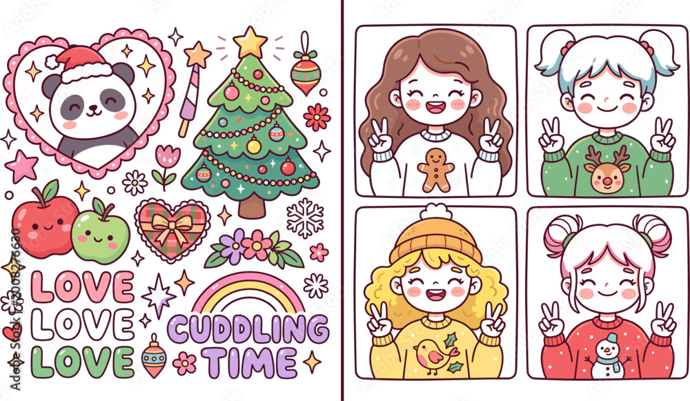 Fototapeta premium Colorful kawaii Christmas cuddling time doodle composition with cute bear love text and diverse chibi girl character portraits vector illustration