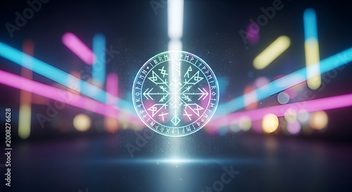 Glowing neon light circle with beams.