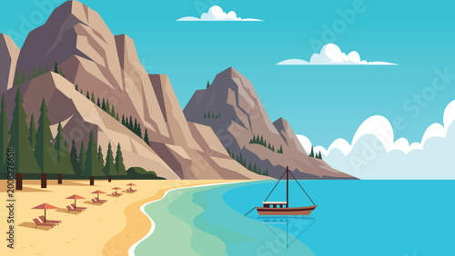 Quiet Cliffs Mediterranean Beach Flat Design Illustration