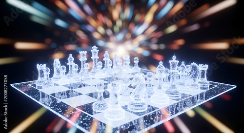 Glowing chess board with pieces strategy.