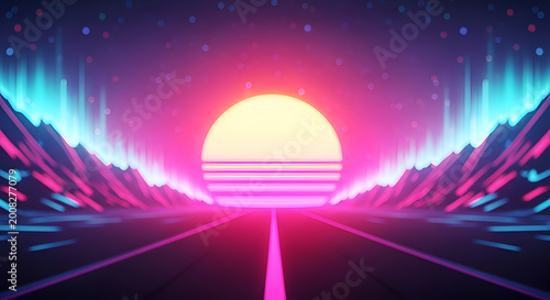 Neon sunset on futuristic highway road.