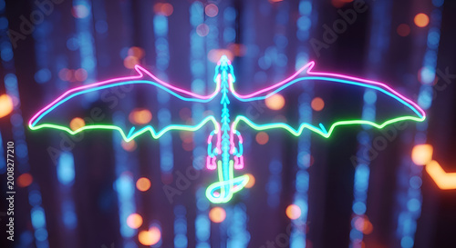 Neon bird sign with glowing wings.
