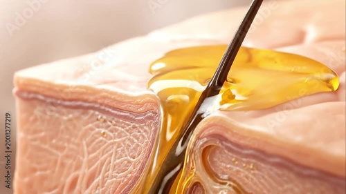 Sebaceous gland oil production detailed skin cross section yellow oil secretion close up medical illustration natural skin function healthy gland activity hair follicle oil droplets skin hair