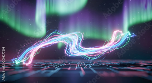 Vibrant swirling neon light trails abstract.