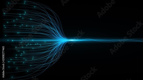 Cyan fiber optic light lines converge bright center on black background with glowing dots and smooth data curves. for network videos, telecom intros, speed visuals, internet promos, and tech overlays.