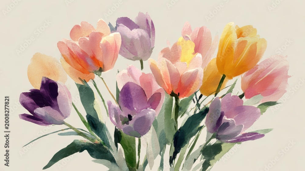 Obraz premium Pastel watercolor tulips: a gentle spring floral composition