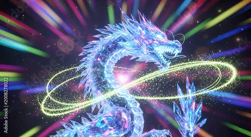 Vibrant dragon with glowing neon rings.