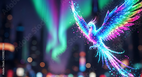Vibrant neon phoenix in flight cityscape.