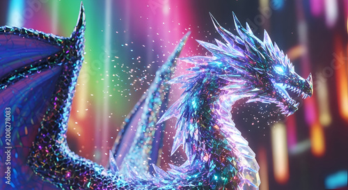 Fantasy dragon in neon light city.