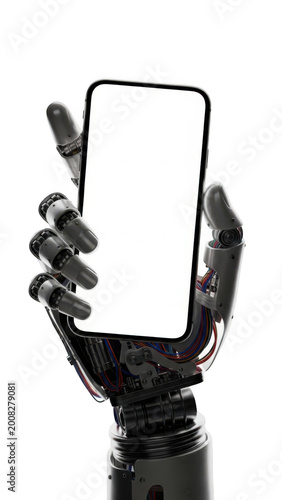Robot hand holding smartphone isolated on transparent background