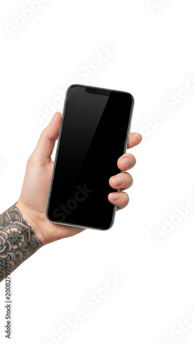 Hand holding smartphone isolated on transparent background