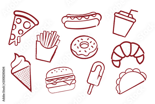 Hand Drawn Fast Food Doodle Icons Set with Pizza Burger Fries Donut Ice Cream Taco and Drink Vector Illustration