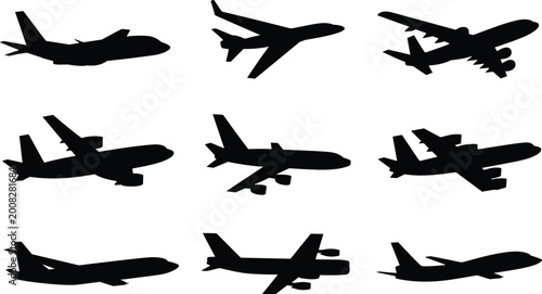 Foto Black silhouette illustrations of diverse airplanes in multiple angles showcasin