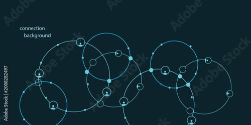 Digital social network connection background with linked user icons and glowing circles, global communication technology concept illustration