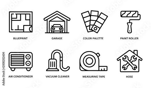 Collection of various vector icons related to home construction and renovation tools