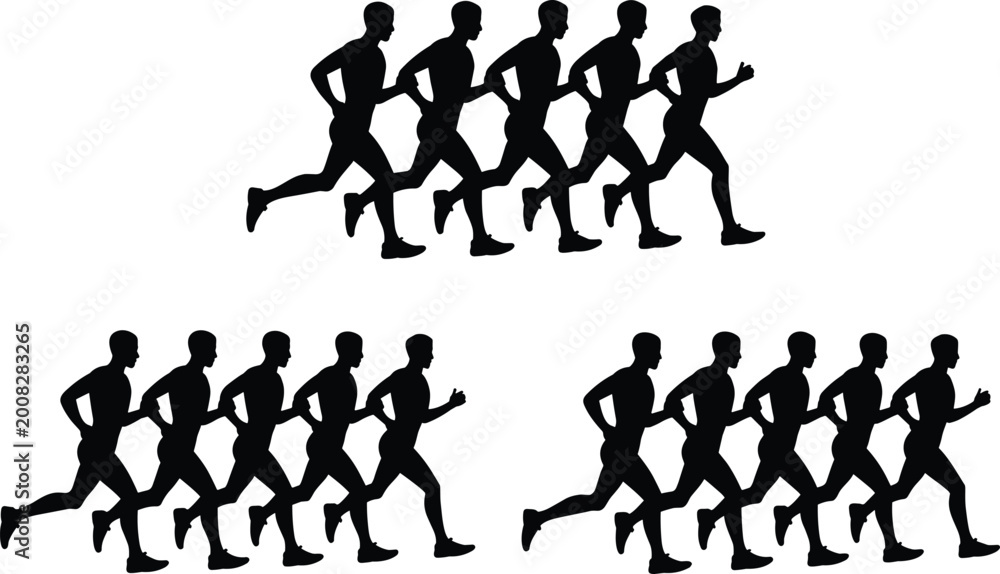 Obraz premium Dynamic running silhouettes in grouped motion, showcasing athletic teamwork, fitness activity, competitive energy, and minimalist design for creative projects