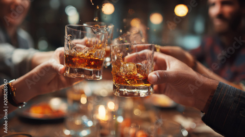 Friends toasting whiskey glasses celebrating nightlife