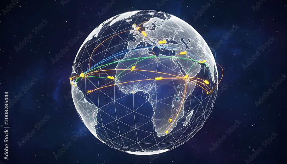 Naklejka premium Global network connections on a translucent earth globe with lines and nodes in space