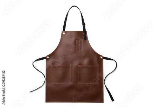 Brown leather apron with two pockets and adjustable straps.