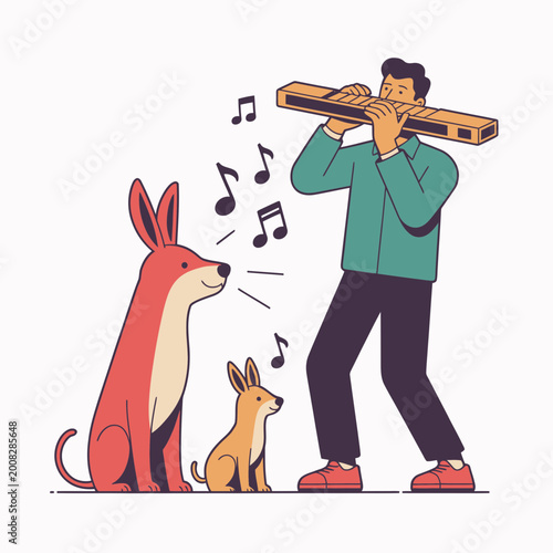 Bilde på lerret A man plays a harmonica while two dogs sit and listen creating a charming musica