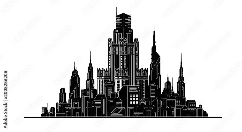 Fototapeta premium Futuristic City Skyline Silhouette Vector Illustration on White Background