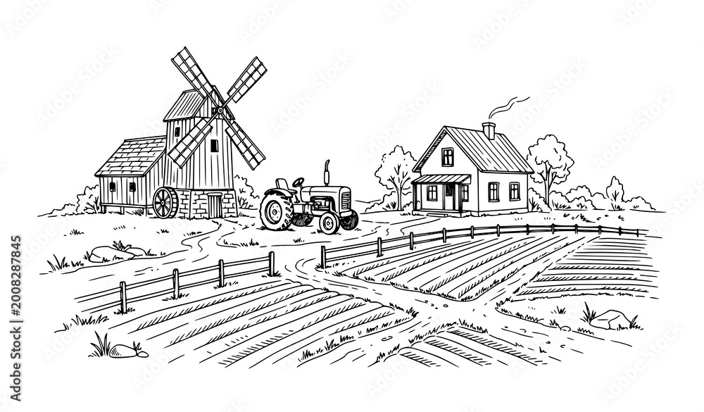 Fototapeta premium Countryside farm sketch with tractor and mill hand drawn rural vector illustration