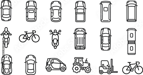 Bild auf Leinwand Transport Top View Icon Pack with Automobile Scooter Bicycle and Machinery