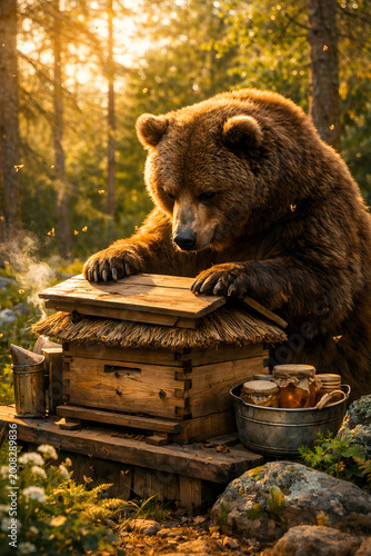 Large brown bear opening a wooden beehive for honey in a sunny forest during golden hour