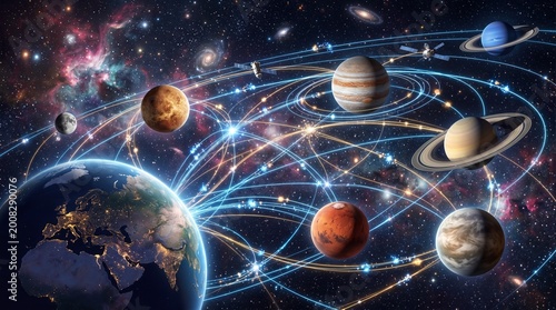 Illuminated earth and solar system planets linked by bright lines of light in deep universe.