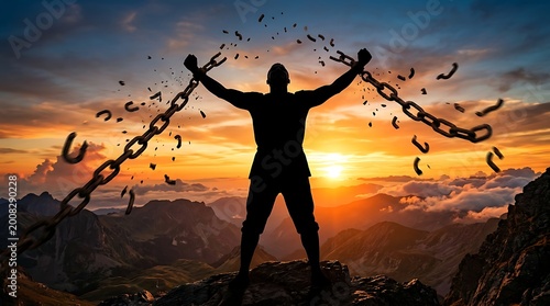 Man standing on mountain peak breaking free from heavy chains at sunset