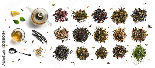 Elegant assortment of loose leaf teas with decorative elements for wellness practices