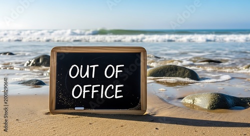 Out of Office Chalkboard Message on a Sunny Beach by the Ocean