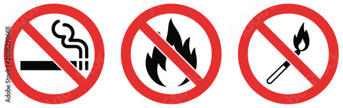 Fotografi No smoking and no open flame prohibition sign set with red warning fire and matc