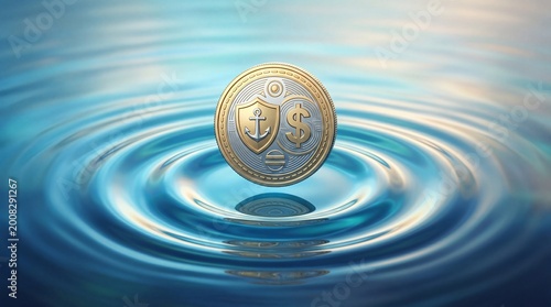 A gold coin featuring dollar sign and anchor symbol floating above blue water ripple surface.