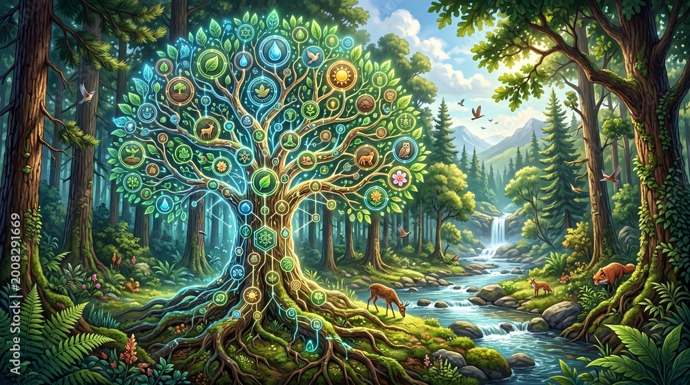 Fototapeta premium Mystical glowing tree of life in lush green forest with diverse wildlife and magical aura.