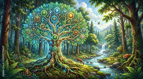 Mystical glowing tree of life in lush green forest with diverse wildlife and magical aura.