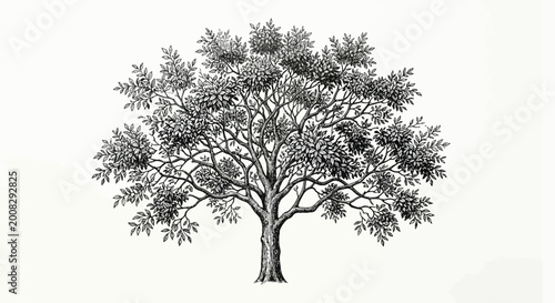 Detailed tree drawing with foliage black and white ink illustration