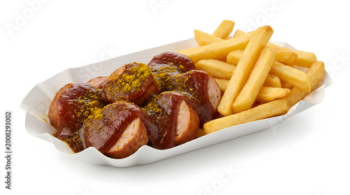 Traditional German currywurst sausage slices with curry ketchup and french fries, isolated on white background
