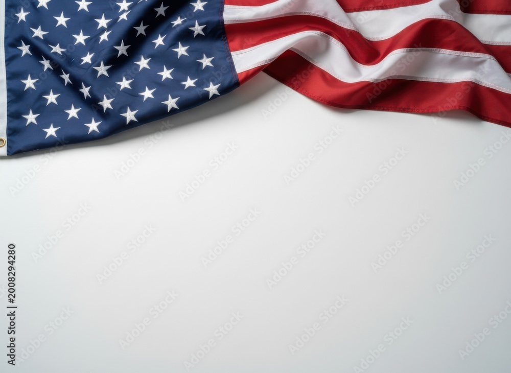 Obraz premium American flag draped across a white background provides ample copy space for patriotic holiday marketing, veteran memorial banners and government election campaigns