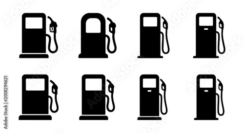 octet of black and white gas pump silhouettes on transparent background