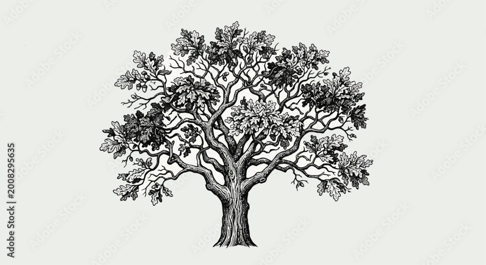 Fototapeta premium Oak tree illustration detailed black and white botanical drawing