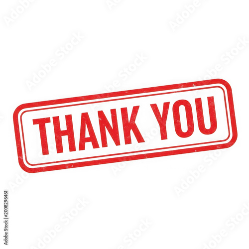Red ink stamp graphic reading thank you with textured effect on isolated backdrop.