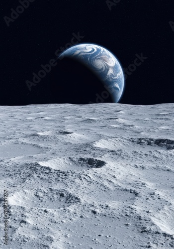 Detailed lunar surface terrain with craters and bouders under a rising blue earth for space science editorial, astronomy branding and lunar exploration campaigns
