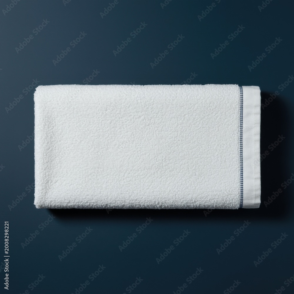 Obraz premium White cotton towel with blue stitching resting on a dark navy surface for home textile catalog, bathroom product mockup and hospitality lifestyle branding