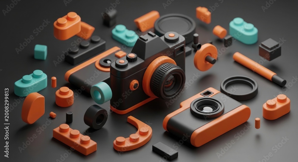 Fototapeta premium Disassembled toy cameras and lego pieces on dark background