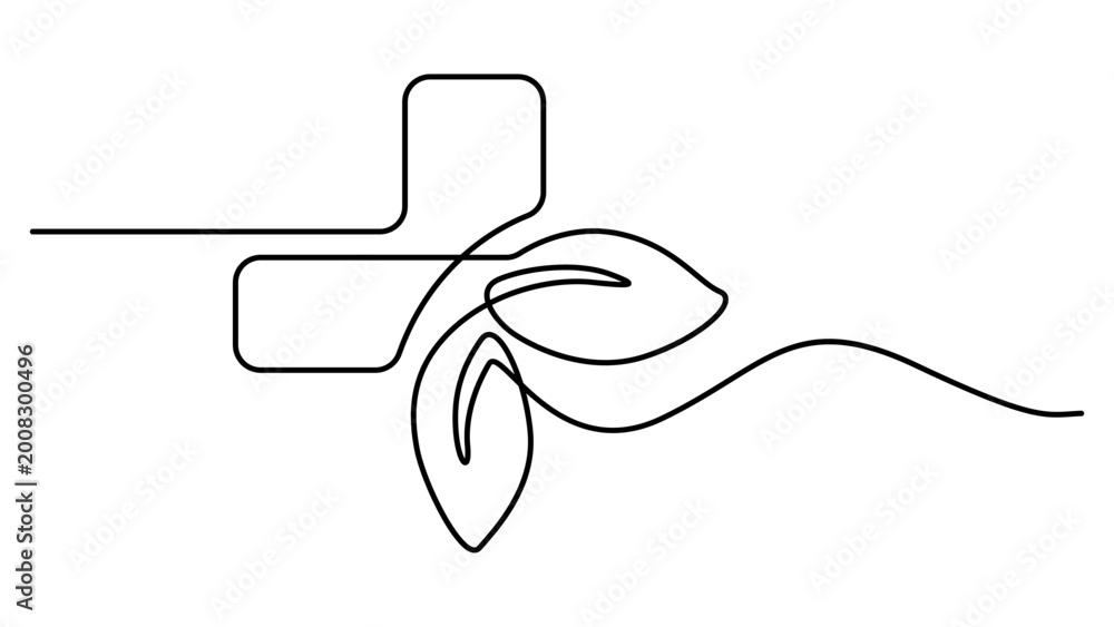 Obraz premium Continuous line drawing of a medical cross combined with two green leaves