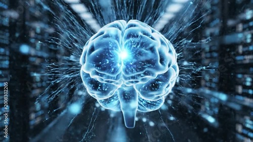 A glowing, digital representation of a human brain, symbolizing intelligence, thought and the power of the mind in a futuristic setting