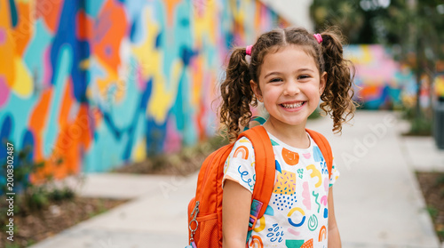 Joyful young girl with pigtails and bright backpack smiles happily in front of a vibrant colorful mural wall outdoors