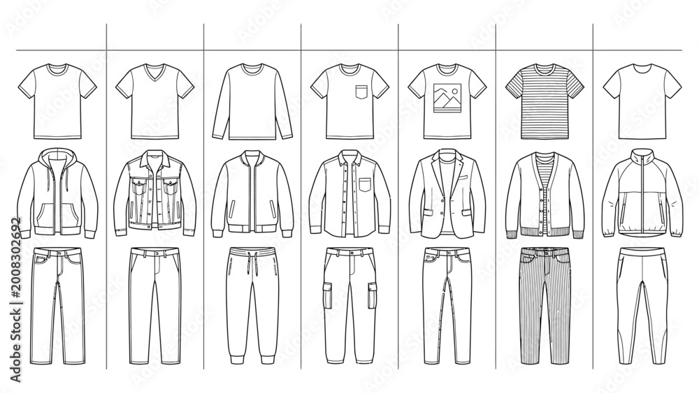 Obraz premium Collection of various clothing items illustrated.