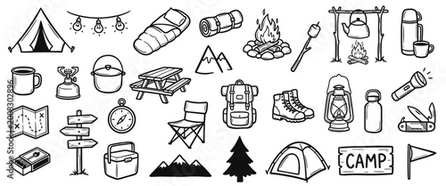 Сamping and outdoor adventure icon set. Black and white doodle illustrations of hiking gear, tent, campfire